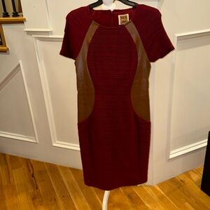 Structured knit dress with leather trim + Shapeware